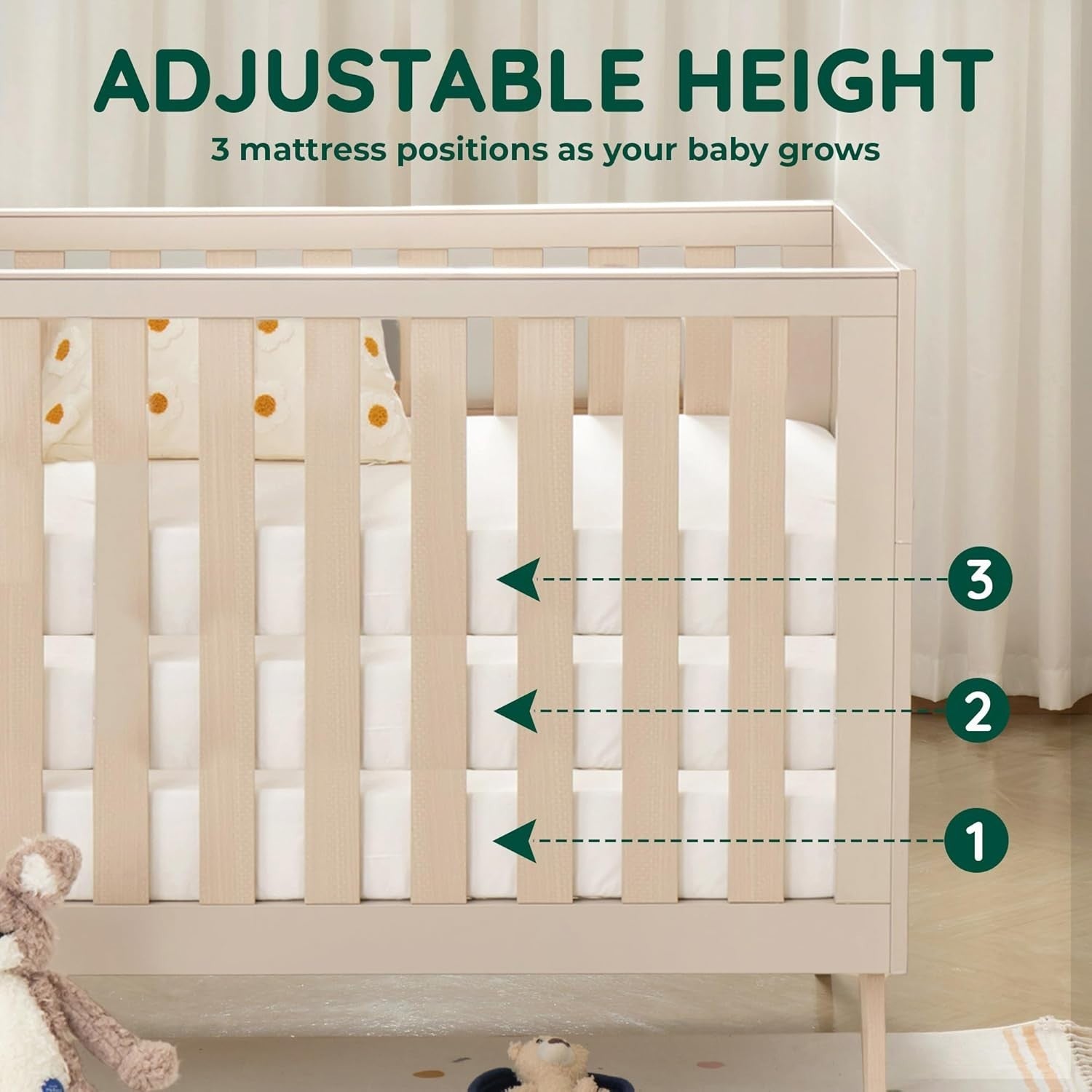 Convertible Mini Toddler Bed Baby Cot Bed Adjustable Height with Teething Rails