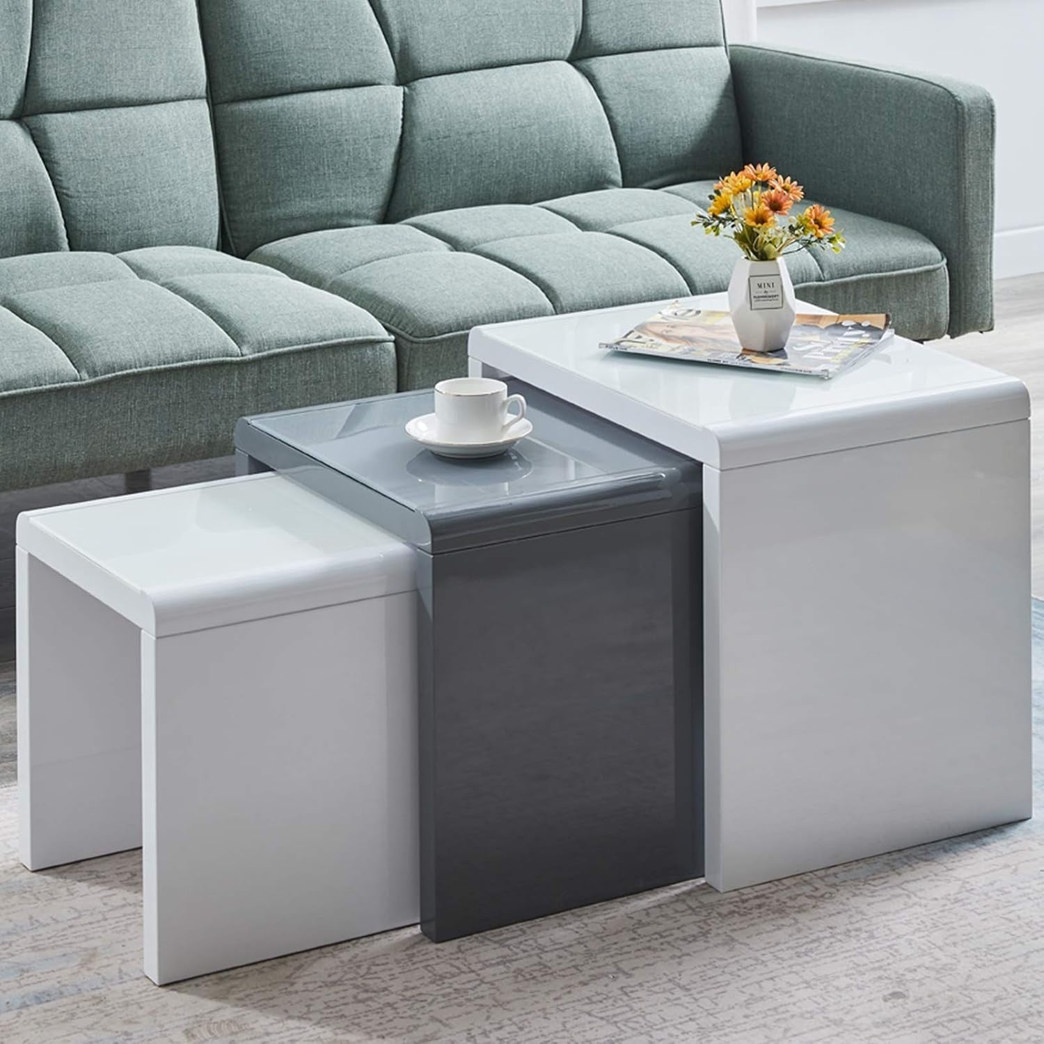 Space Saving Nesting Coffee Table Set Grey/White Tempered Glass Top Modern