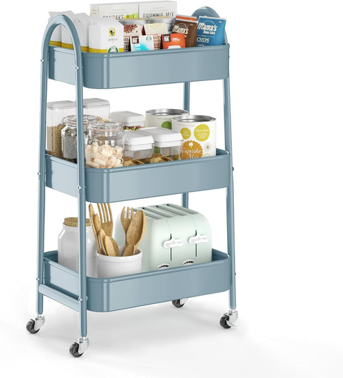 3 Tier Rolling Utility Cart Metal Storage Trolley Lockable Wheels