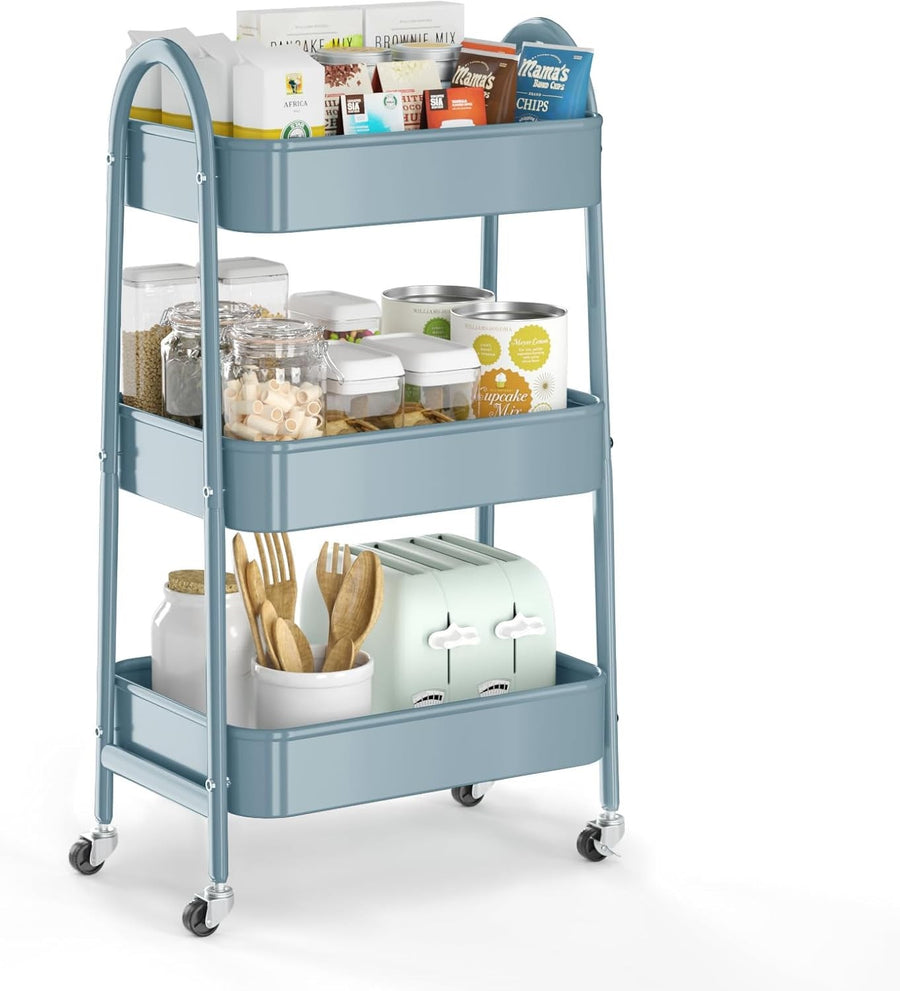 3 Tier Rolling Utility Cart Metal Storage Trolley Lockable Wheels