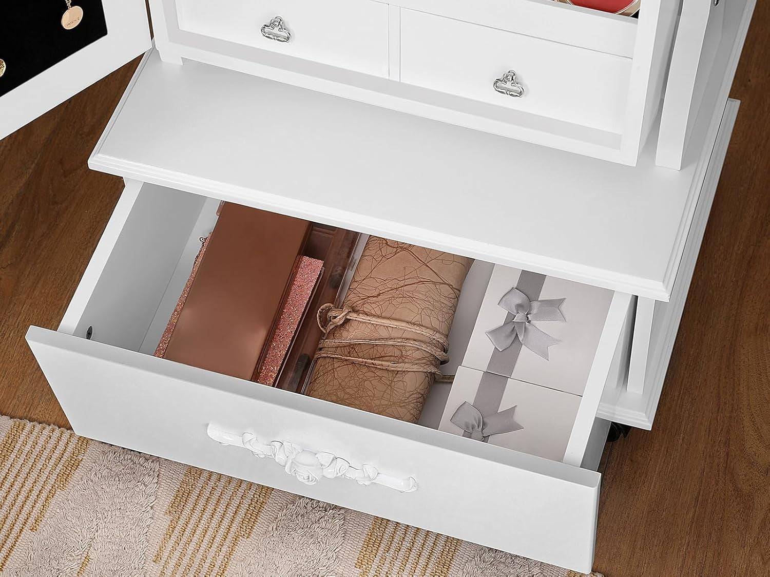 LED Rolling Jewelry Cabinet Lockable Full Length Mirror Storage White