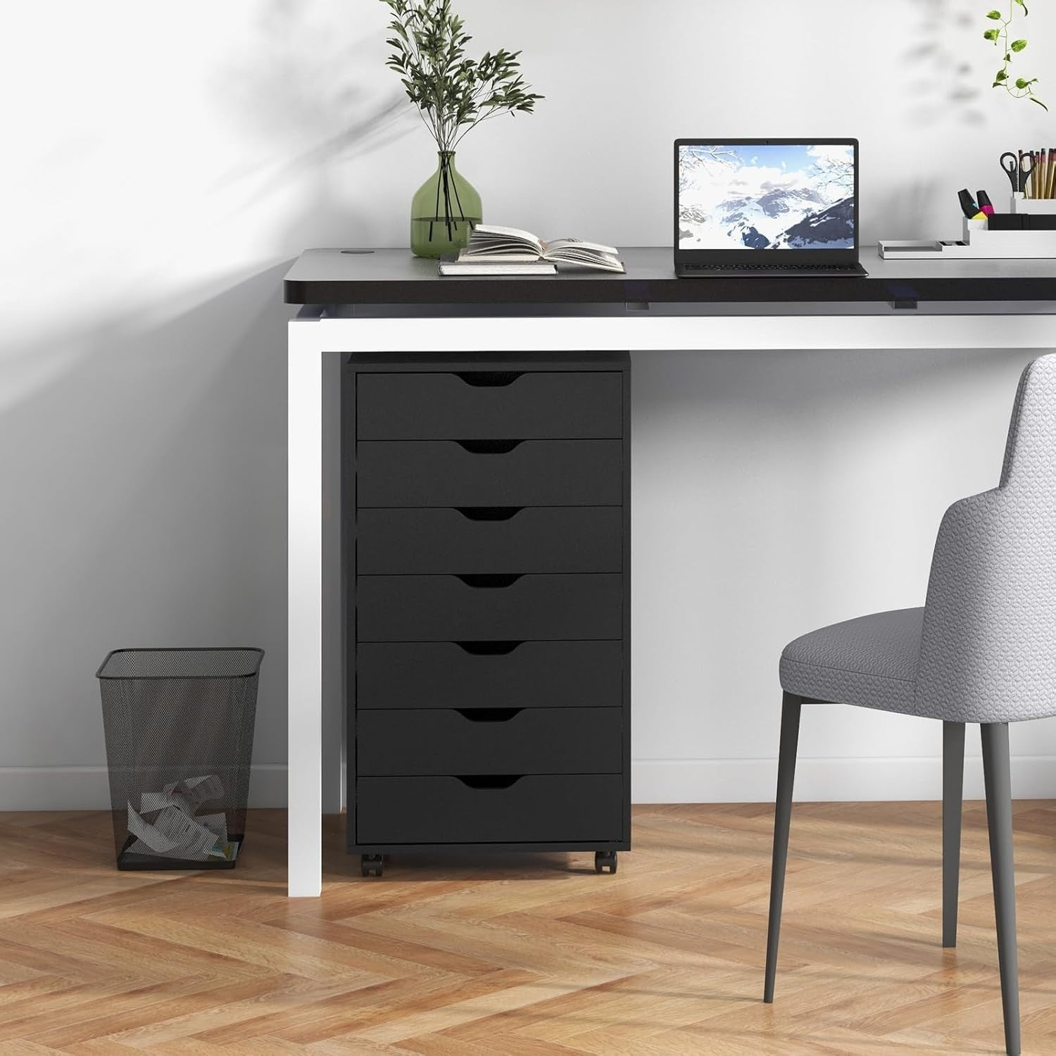 Black Mobile Filing Cabinet 7 Drawer Storage Unit with Wheels for Home Office