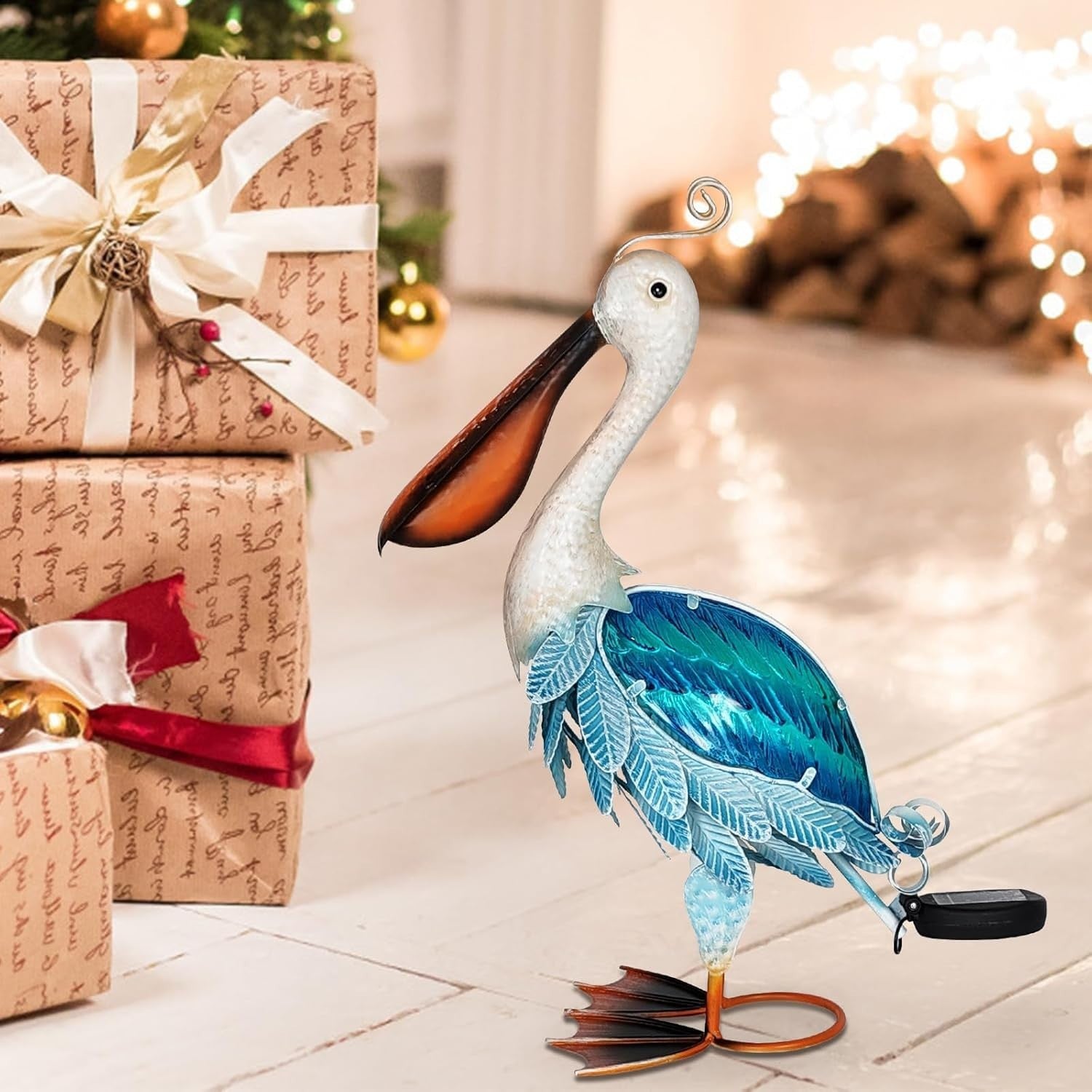 Solar Metal Pelican Garden Statue 19" Coastal Bird Ornament Outdoor Yard Decor