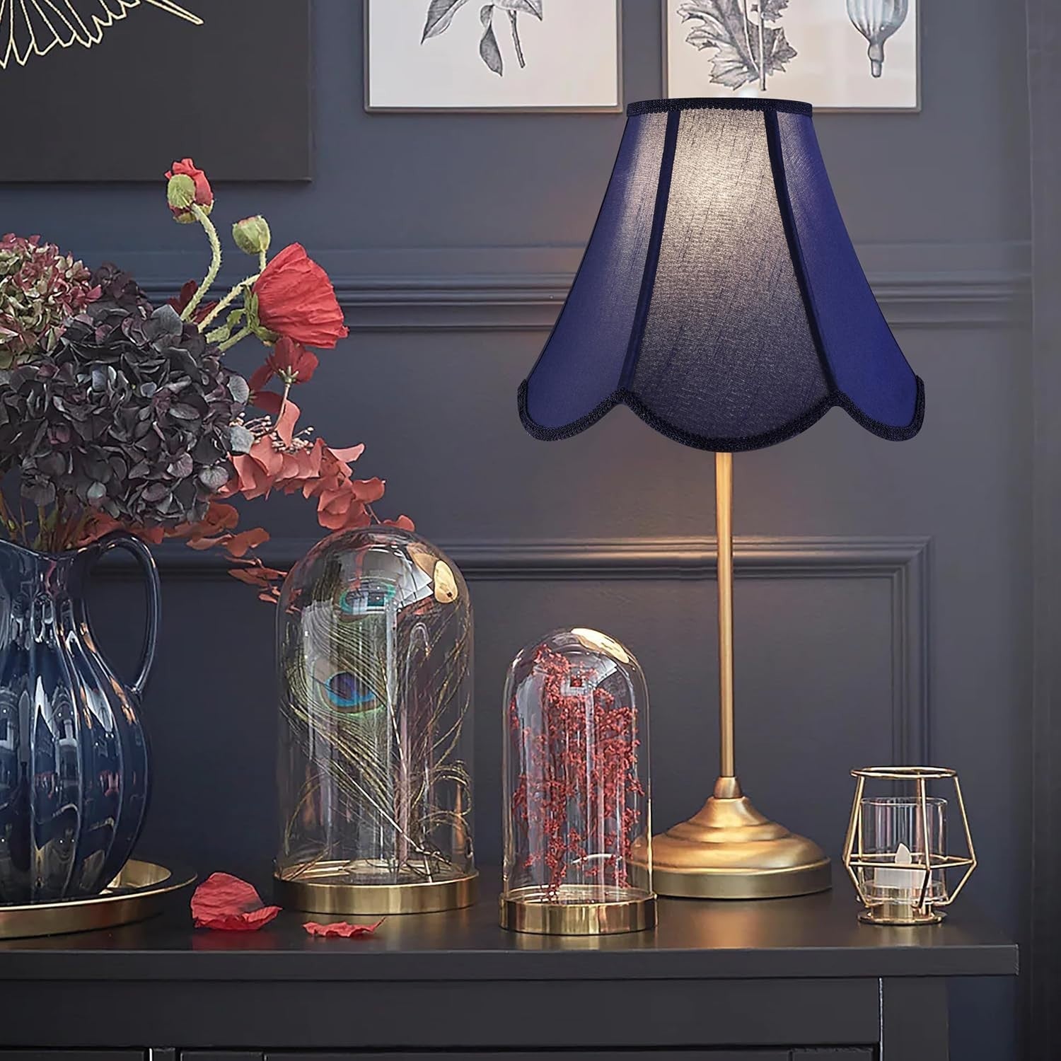 Navy Blue Bell Lamp Shades 2pc -Petal Edge Braid Scalloped Medium