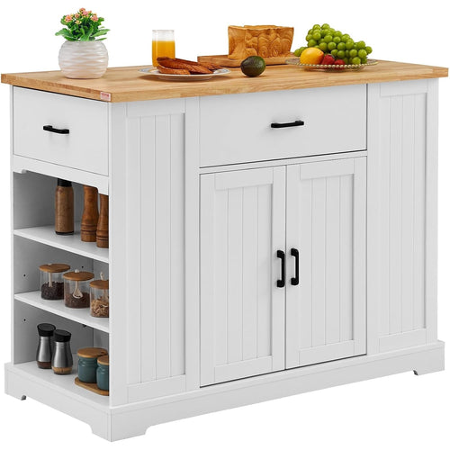 Farmhouse Kitchen Island Cart w/ Wood Top, Storage Drawers & Shelves