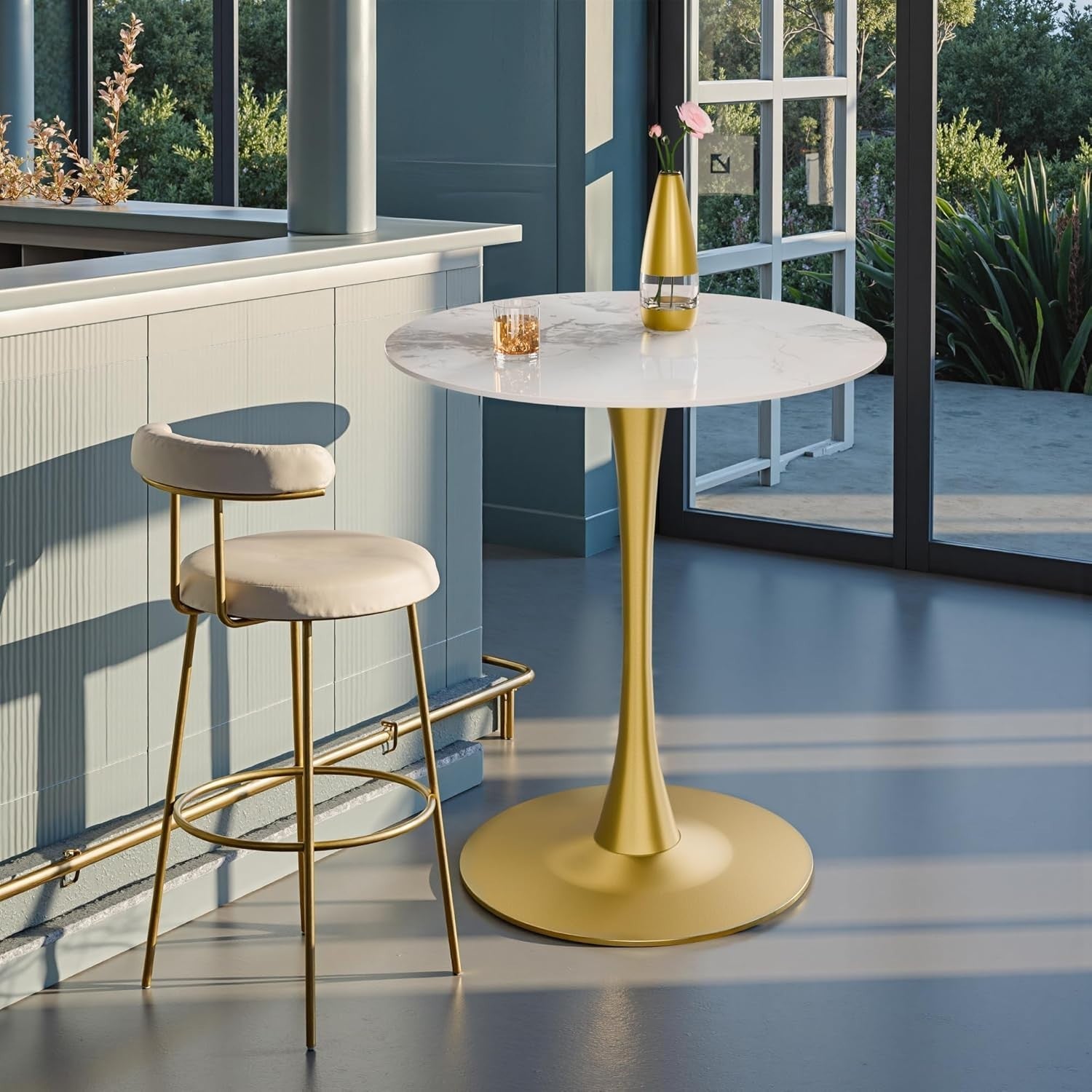 White 76cm Round Tall Bar Table 100cm Sintered Stone Top with Gold Metal Base