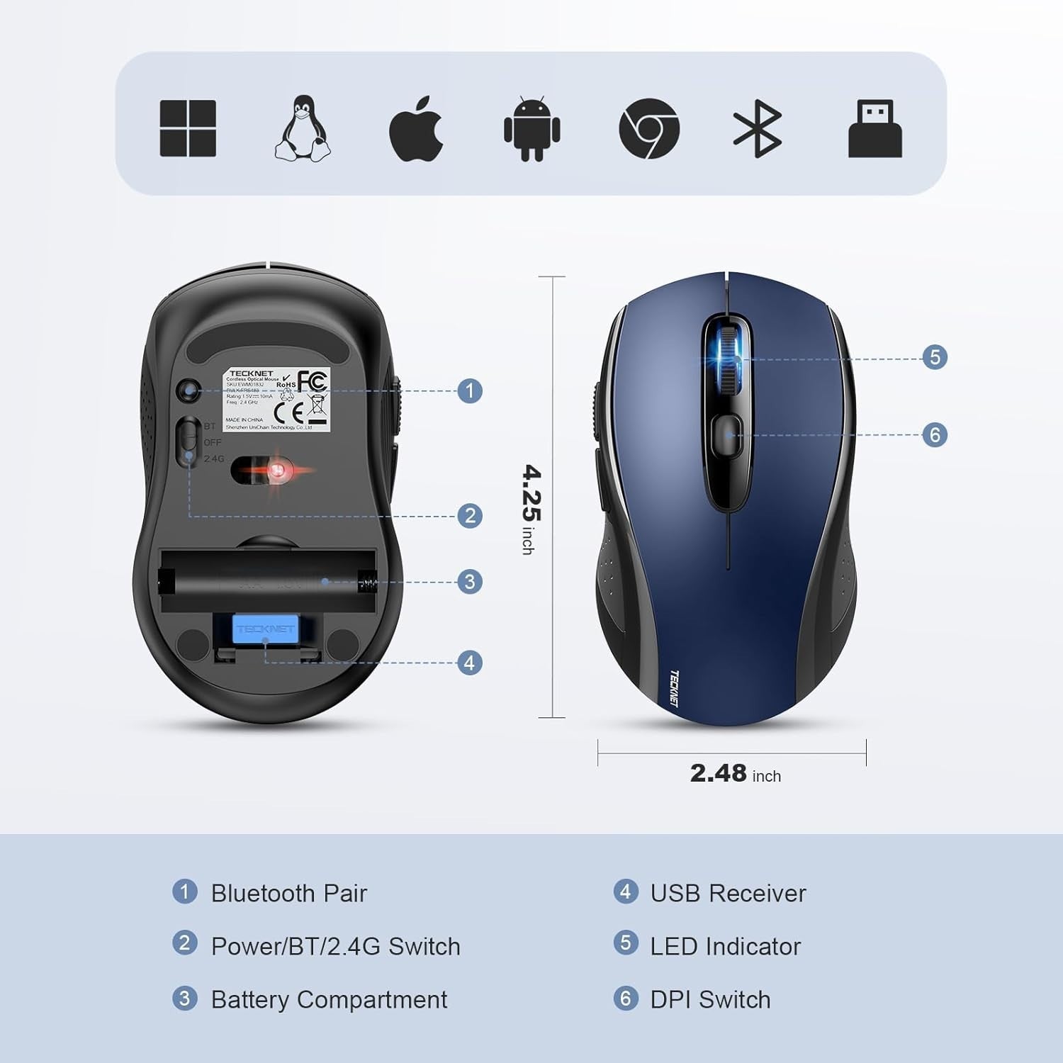 Wireless Bluetooth Mouse 4000 DPI Dual Mode Silent Click Long Battery Blue