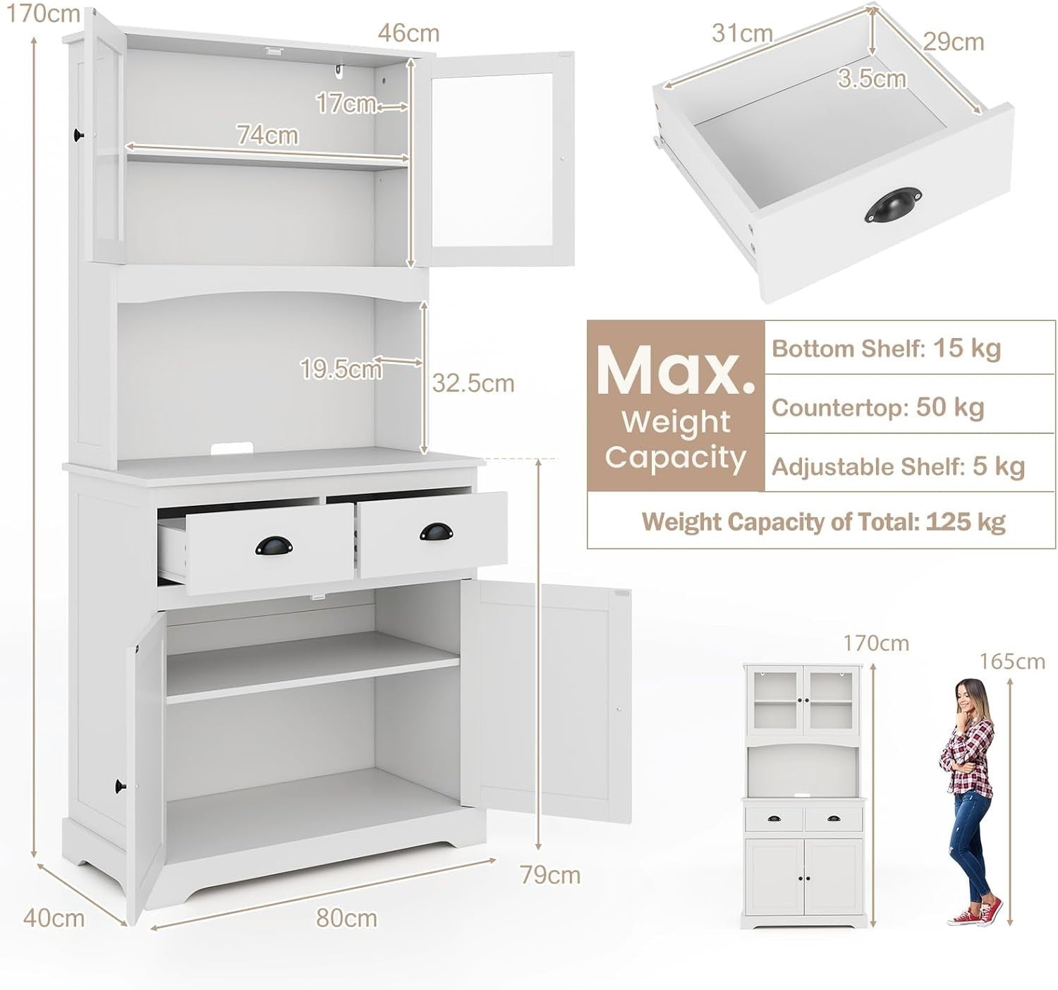 170cm Tall 4-Door Kitchen Cupboard 2-Drawer Adjustable Shelves White