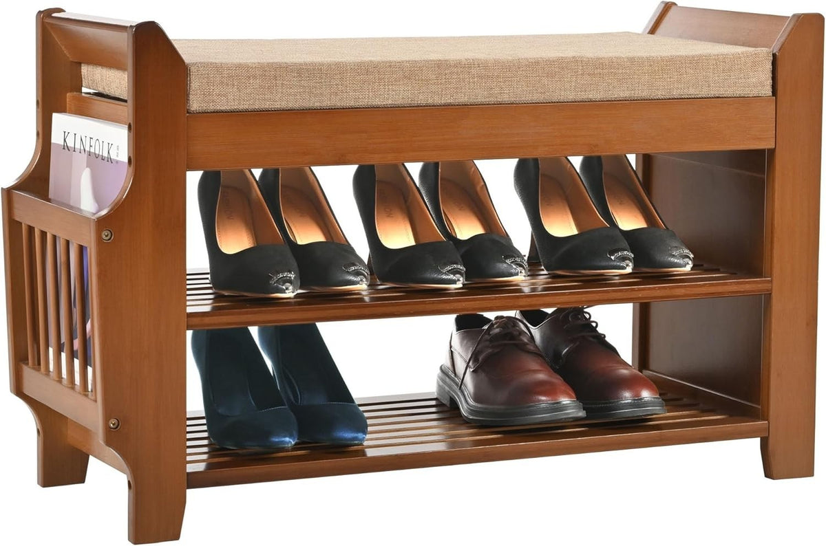 2 Tier Bamboo Shoe Bench with Cushion Hidden Drawer Entryway Storage Seat