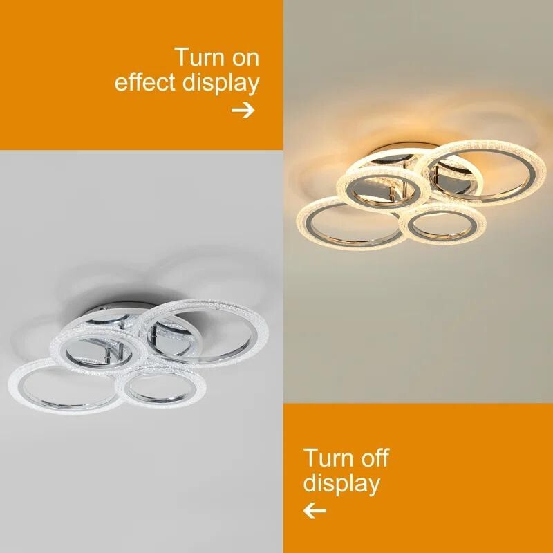 Modern 4-Ring LED Ceiling Light 58W Dimmable Remote Chrome Flush Mount