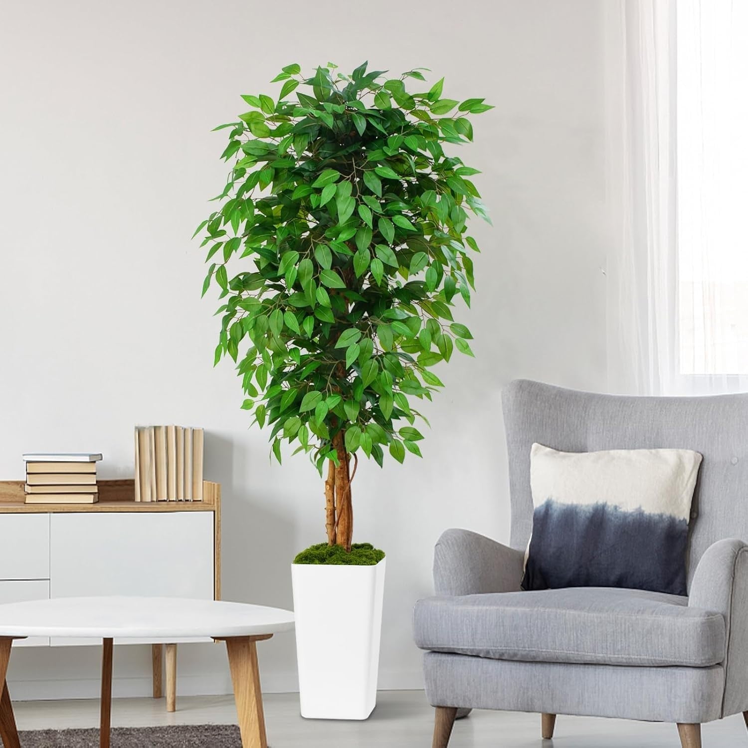 6ft Artificial Ficus Tree Curved Wood Trunks White Planter Lush Faux Home Decor