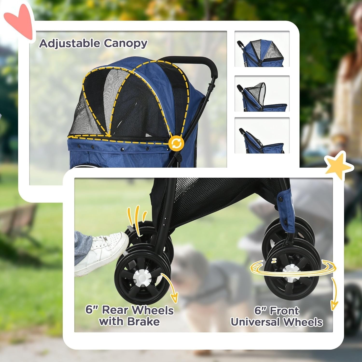Blue Dog Stroller Pet Pushchair Foldable with Brakes Basket Small Pets