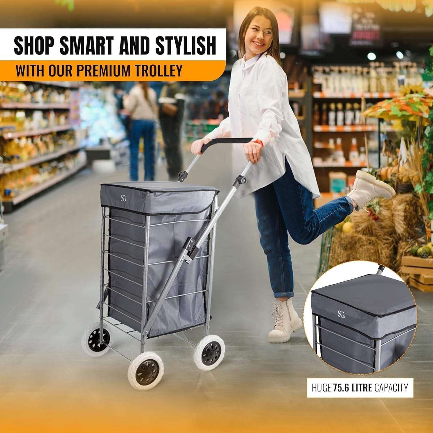 Foldable 4-Wheel Shopping Trolley Cart with Removable Bag - Heavy Duty Grey