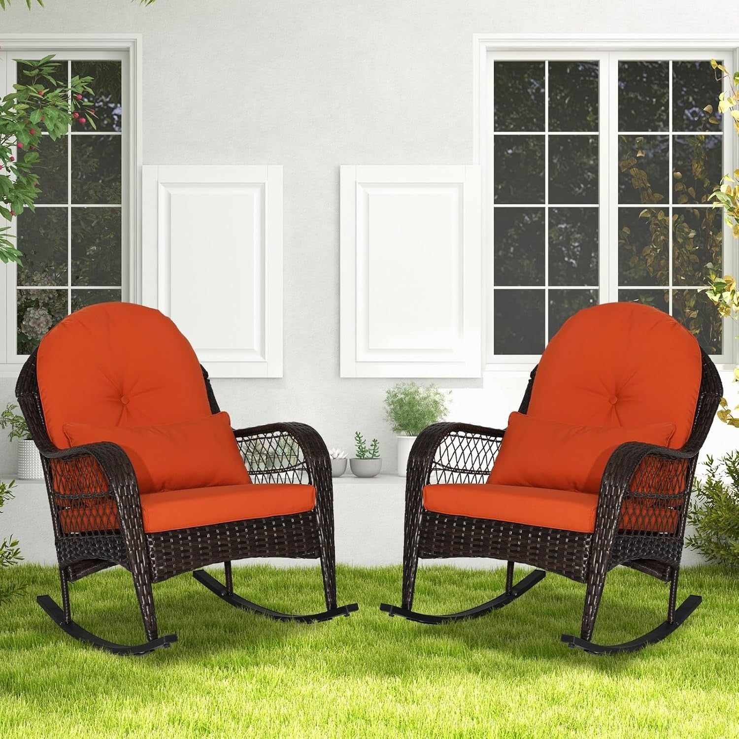 Rattan Rocking Chair Outdoor Garden Patio Seat W/Cushion & Lumbar Pillow