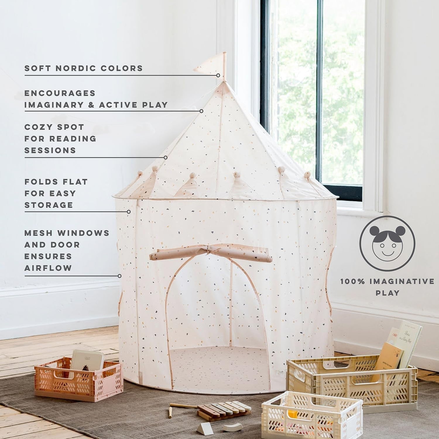 Beige Terrazzo Kids Indoor Play Tent Modern Pop Up Fort House