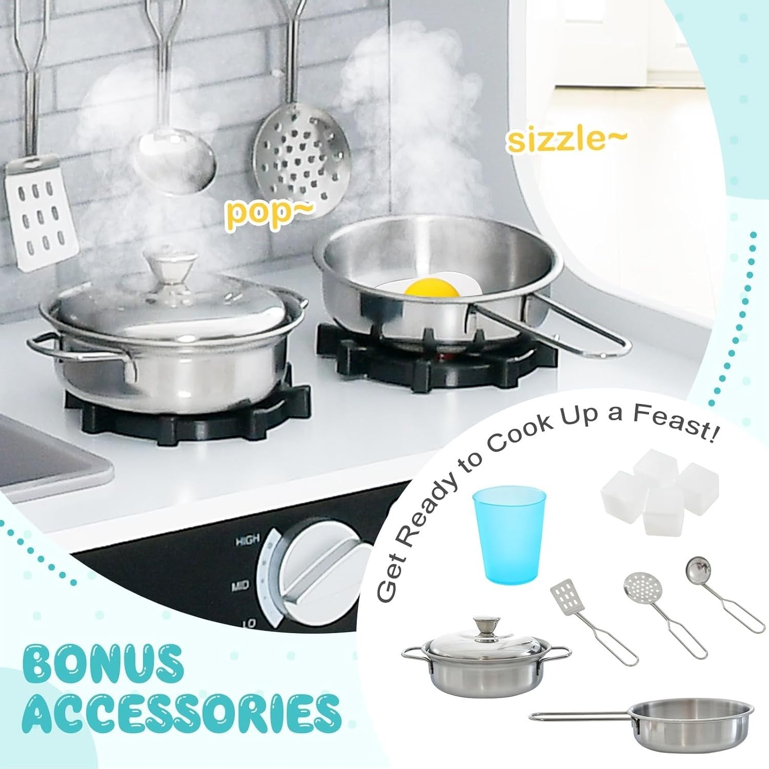Wooden Kids Play Kitchen Toy Set Ice Maker Chalkboard Cooking Playset