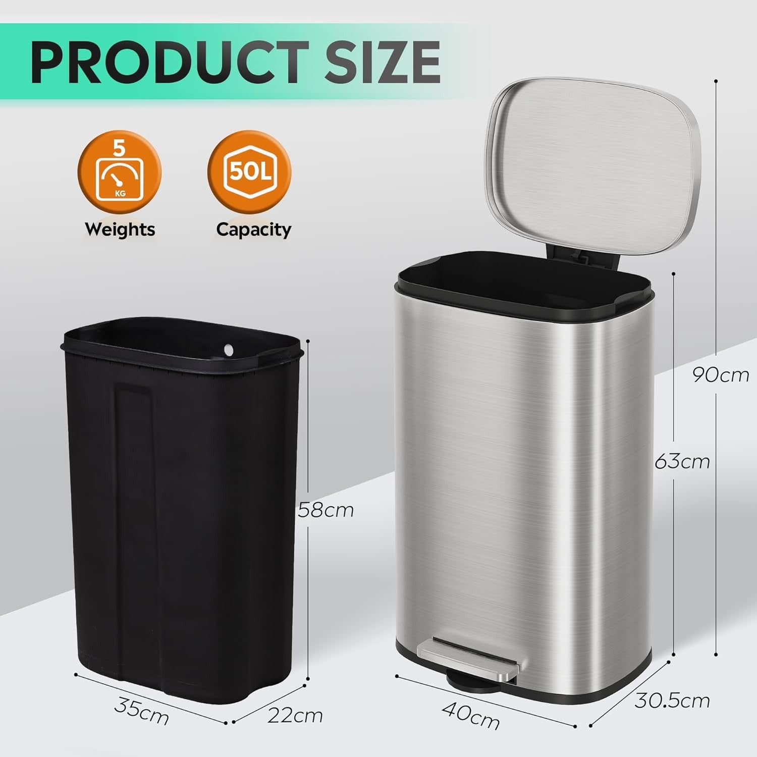 50L Stainless Steel Pedal Bin – Soft Close Lid, Removable Inner Bucket