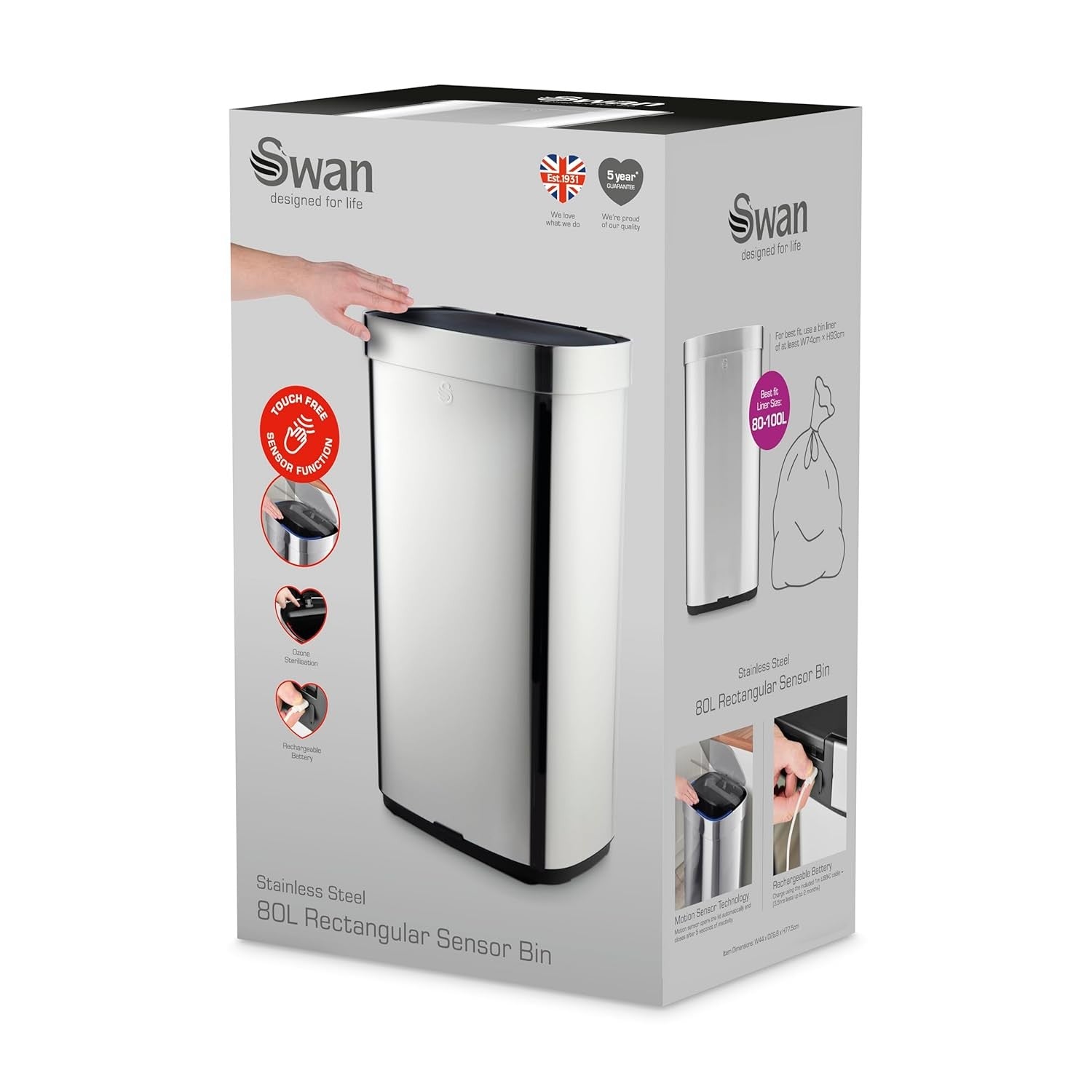 80L Automatic Sensor Kitchen Bin Ozone Odour Control Steel