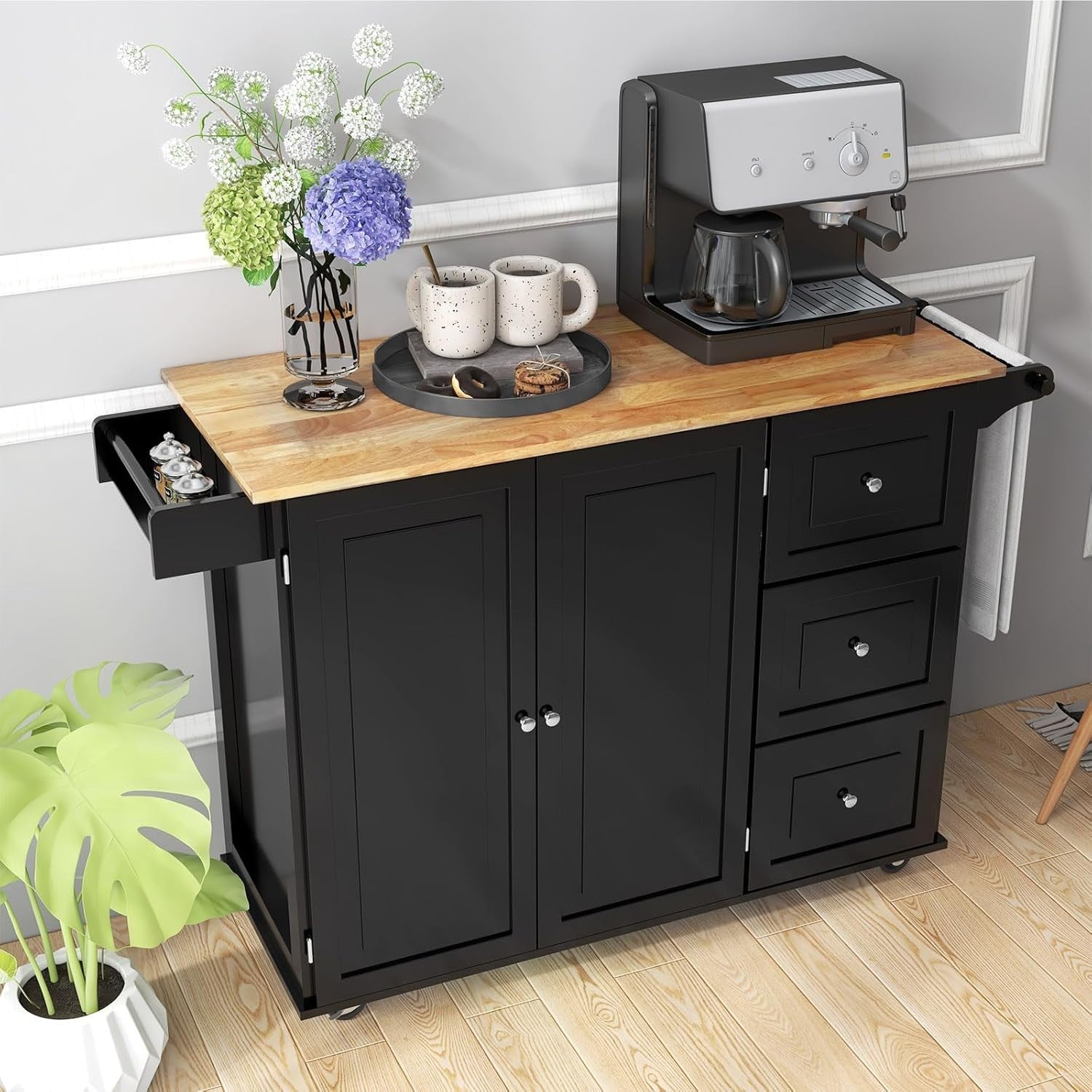 Rolling Kitchen Island Cart with Extendable Tabletop & Adjustable Storage