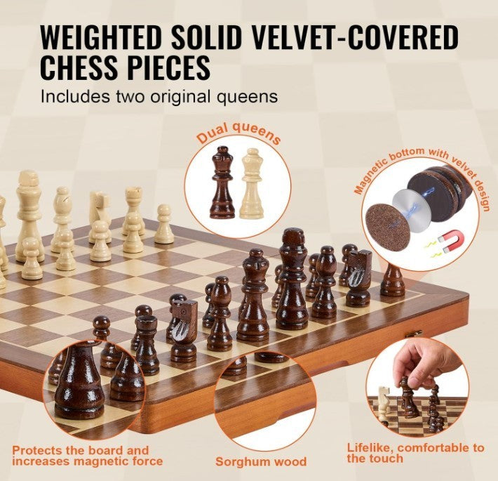 15" Magnetic Wooden Chess Set Folding Board 2-in-1 Chess & Checkers Game
