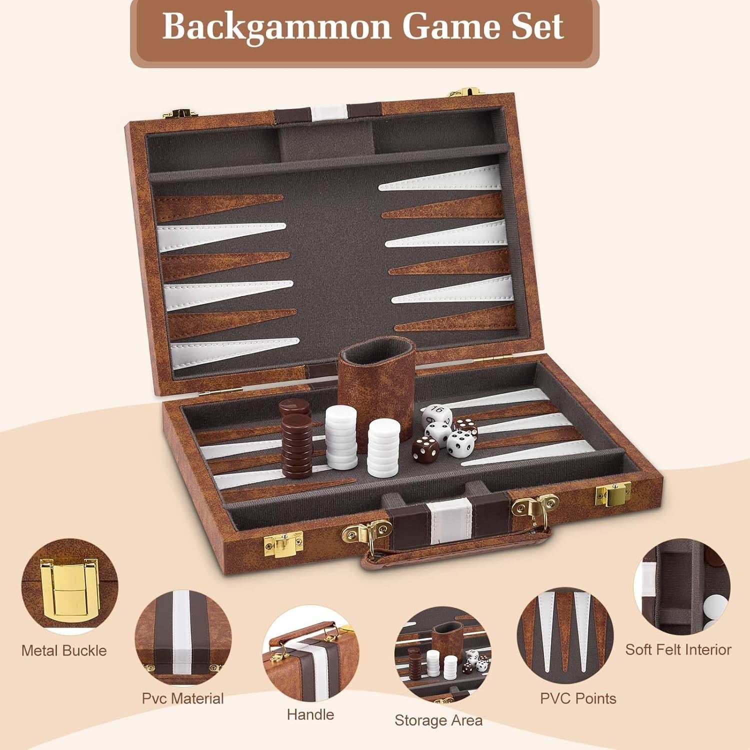 Backgammon Set 11in Wooden Travel Board Game Leather Case for 2 Players