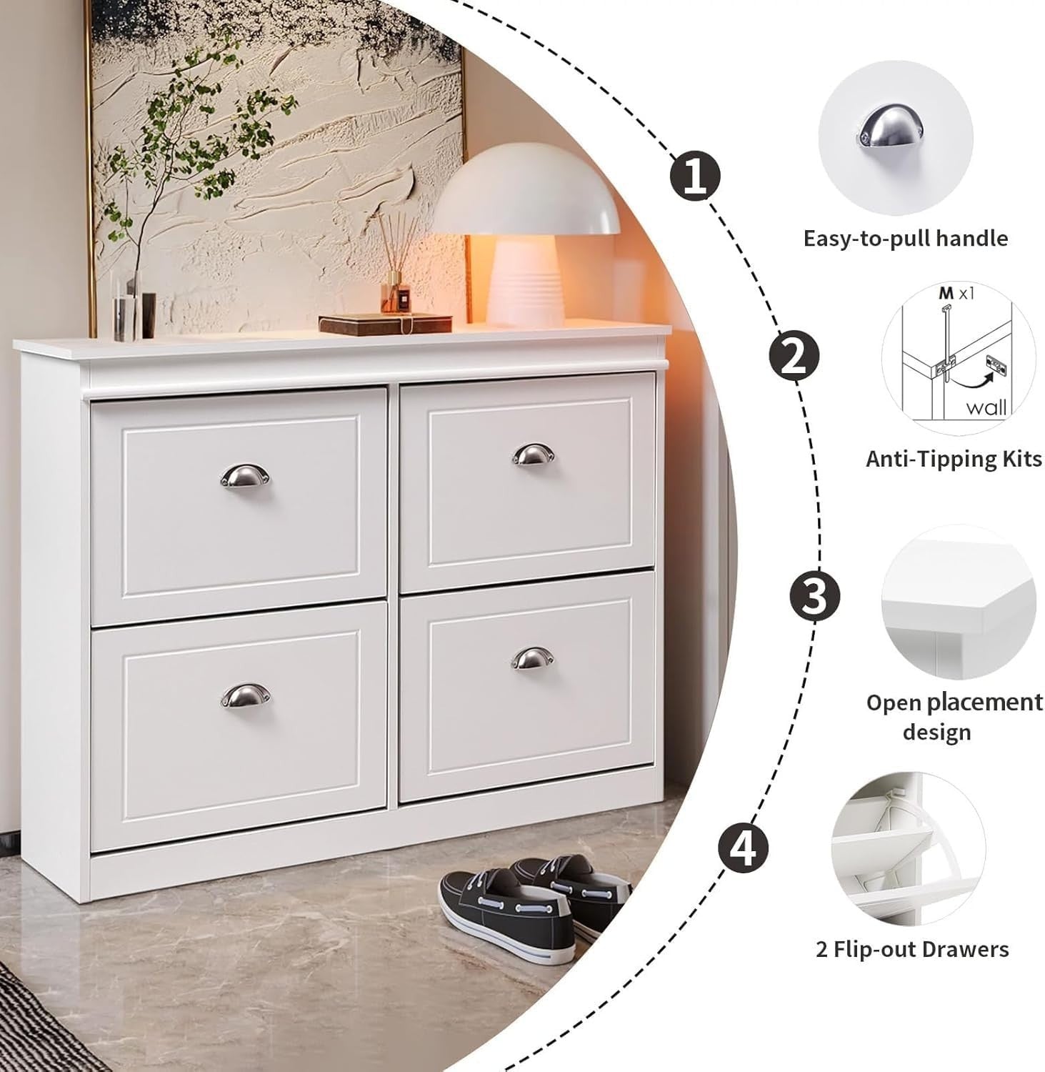 White Flip Down Shoe Cabinet with 4 Drawers & Adjustable Shelves 105x24x83cm