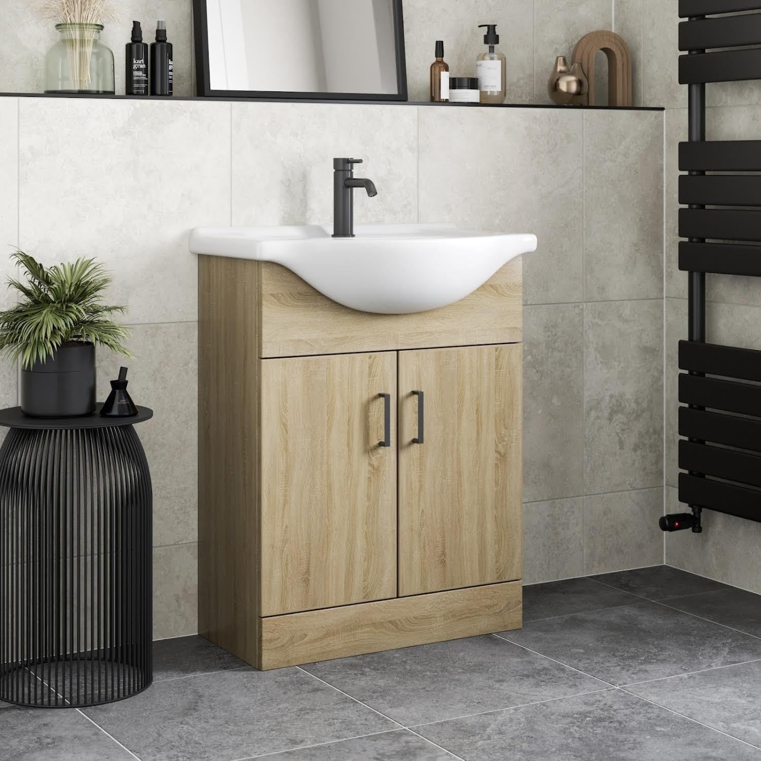 650mm Oak Effect Vanity Sink Unit – Bathroom Basin Cabinet with Soft Close Doors
