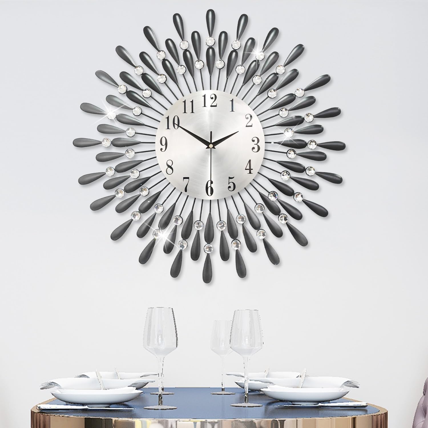 50.8cm Large Diamond Wall Clock – Silent Modern Sunburst Design Black