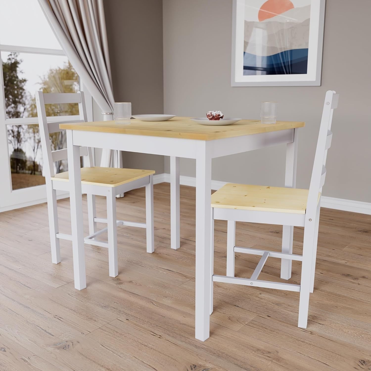 White & Pine 2 Seater Dining Table Set | Compact Kitchen Table & Chairs