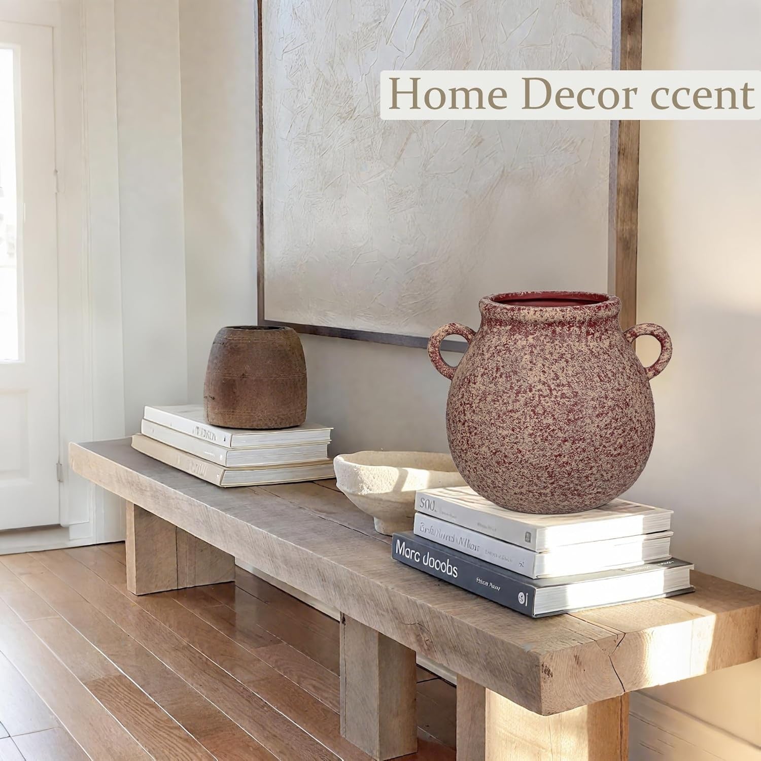 Rustic Ceramic Vase with Handles Farmhouse Urn Table Centrepiece Decor