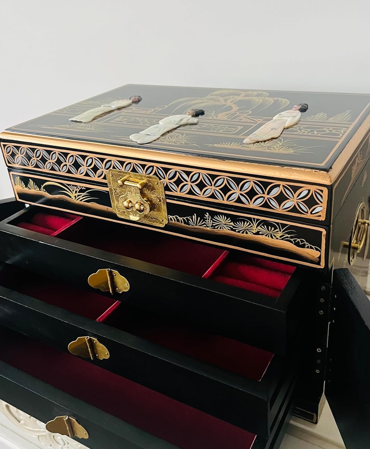 Black Chinese Jewellery Box Hand Painted Mother of Pearl Lockable