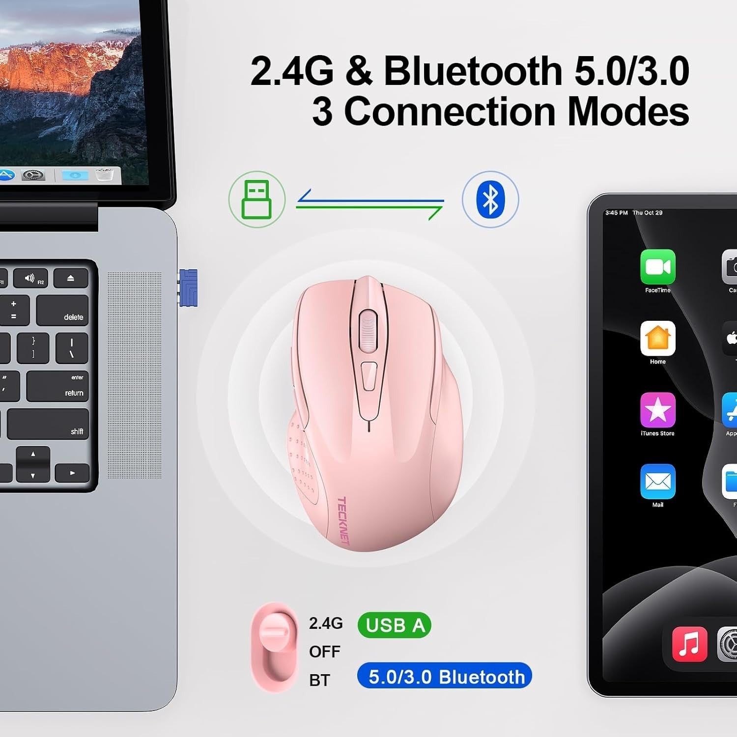 Pink Rechargeable Bluetooth Mouse Silent Ergonomic Tri Mode 4800DPI Laptop