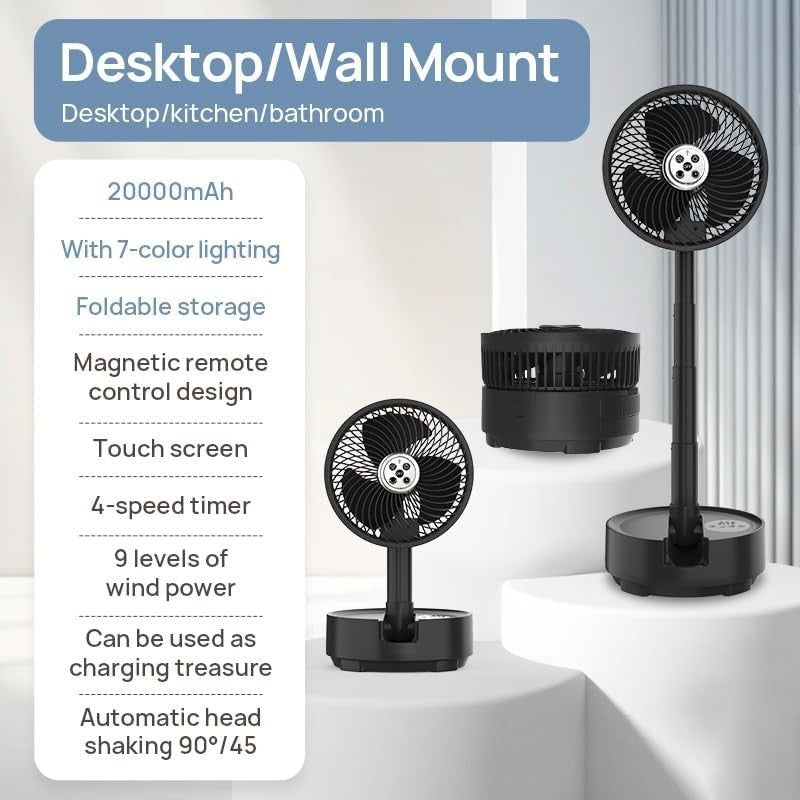 8-Inch Portable Fan – Wireless Rechargeable w/ LED Light & Remote for Travel