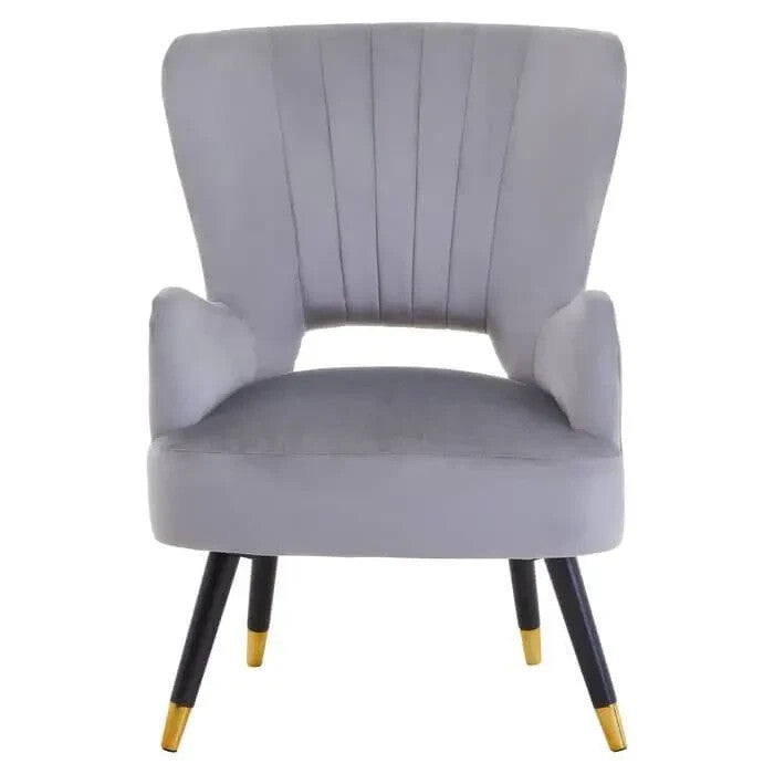 Grey Velvet Armchair Cut Out Back Gold Tip Legs Lounge Bedroom Chair