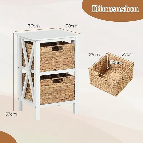 2x White Bedside Tables with Seagrass Baskets | Rustic 2-Tier Slim Nightstands