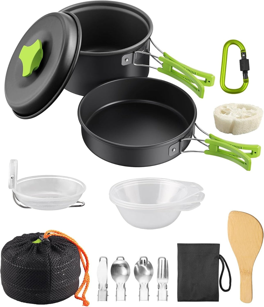 Green Camping Cookware Set with Pot Frying Pan Kettle & Utensils for 1-2 People