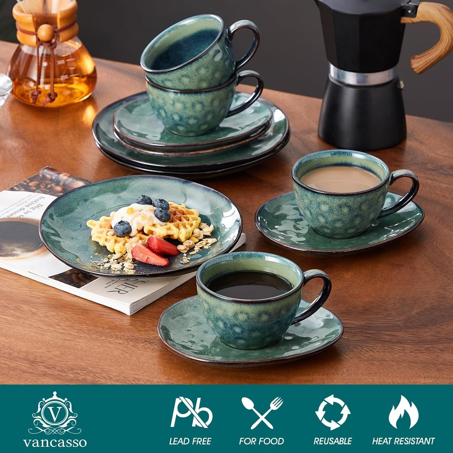 12pc Ceramic Tea Cup Saucer & Dessert Plate Set 270ml Green