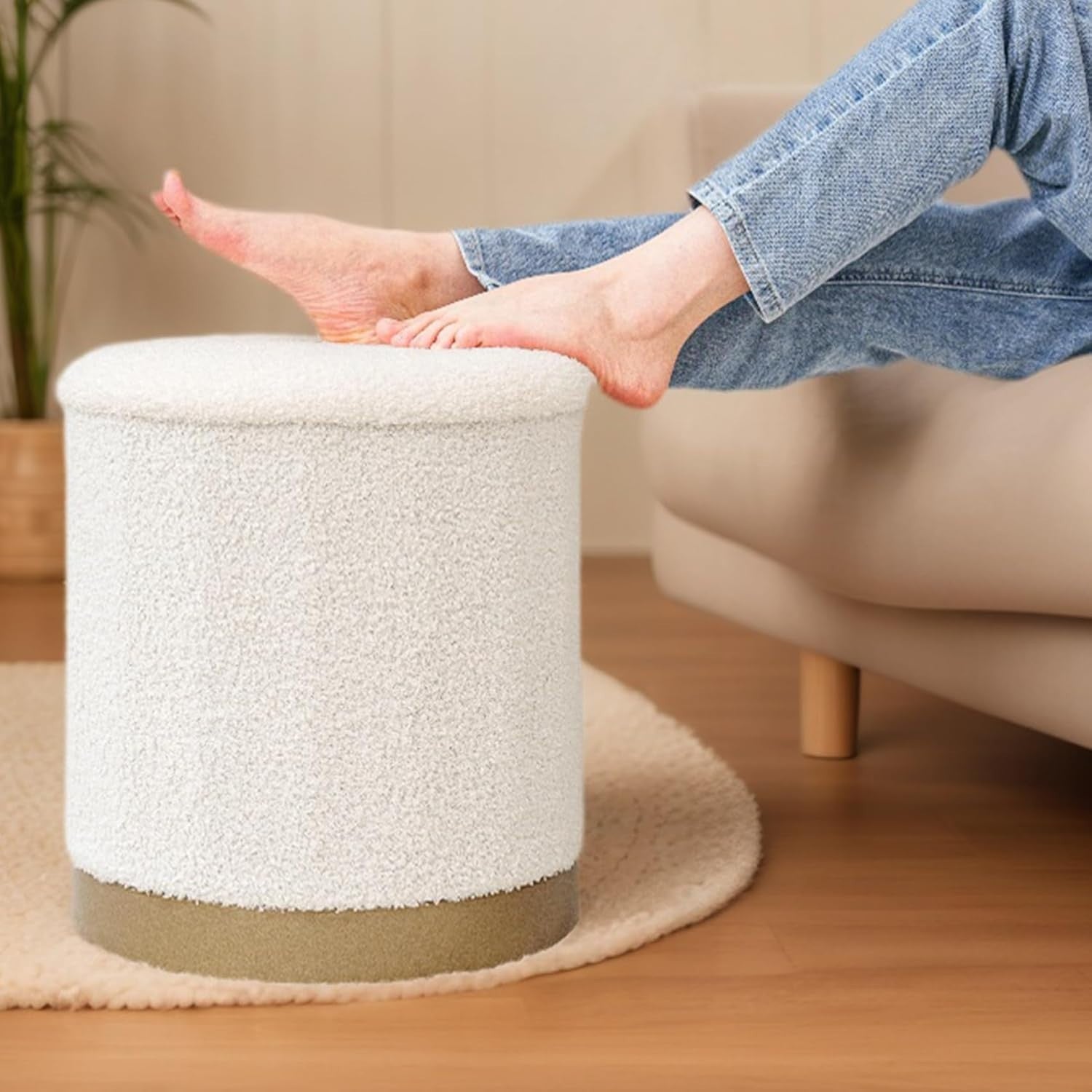White Boucle Storage Ottoman Round Folding Footrest with Reversible Tray Lid