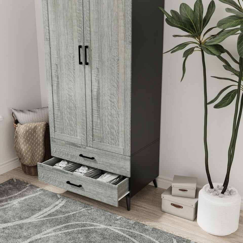 Modern Black 2 Door Wardrobe with Drawers & Hanging Rail - Bedroom Storage