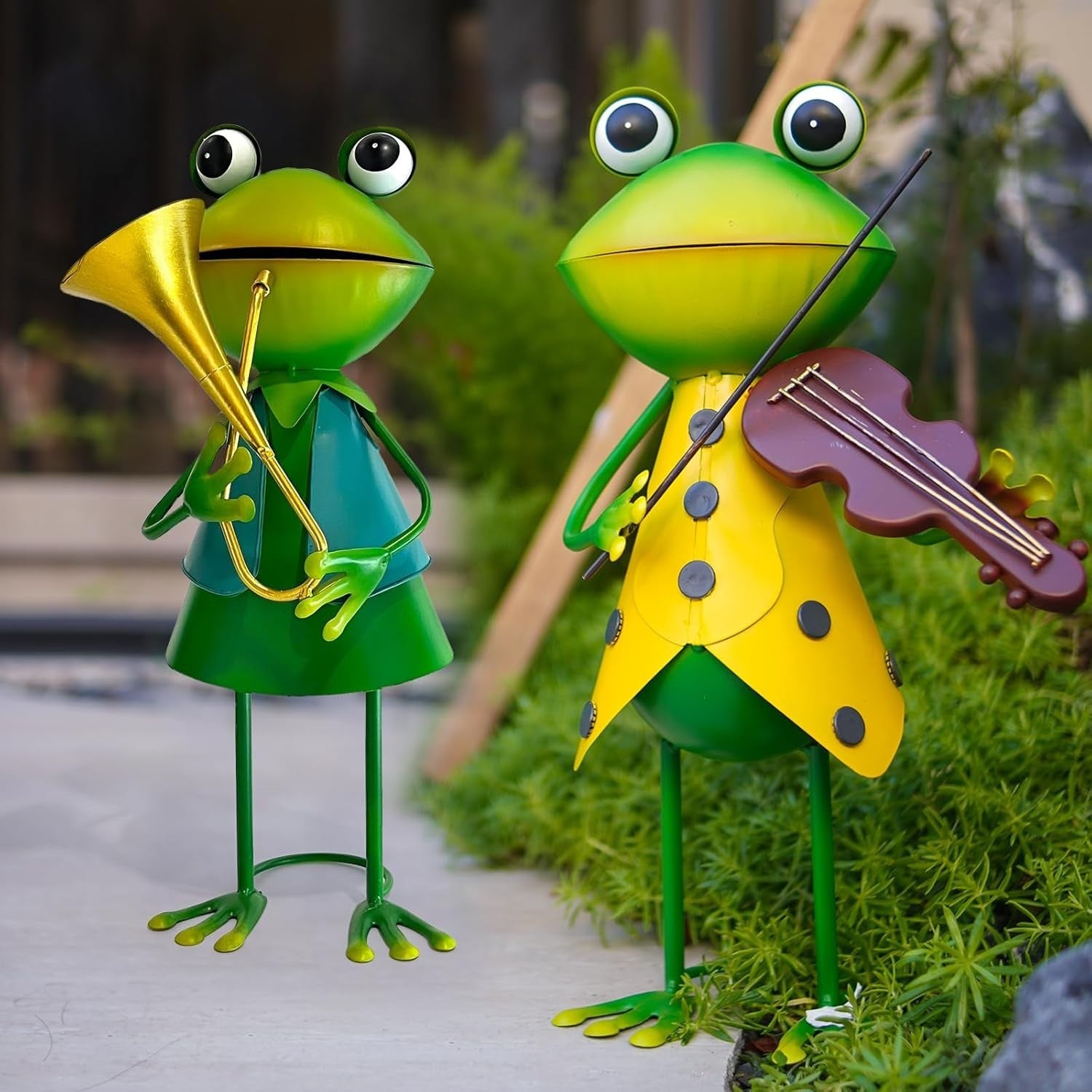 Metal Frog Violin Garden Ornament 3D Outdoor Yard Art Fairy Lawn Decor Statue