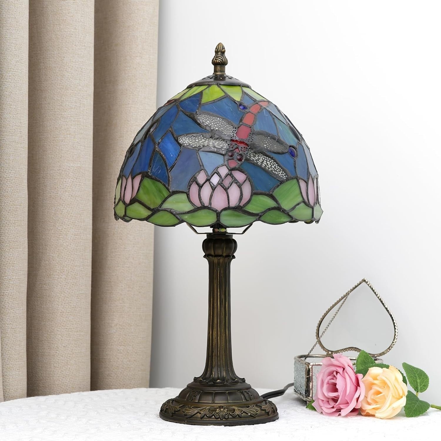 Tiffany Style Stained Glass Table Lamp Dragonfly Lotus Flower Decor