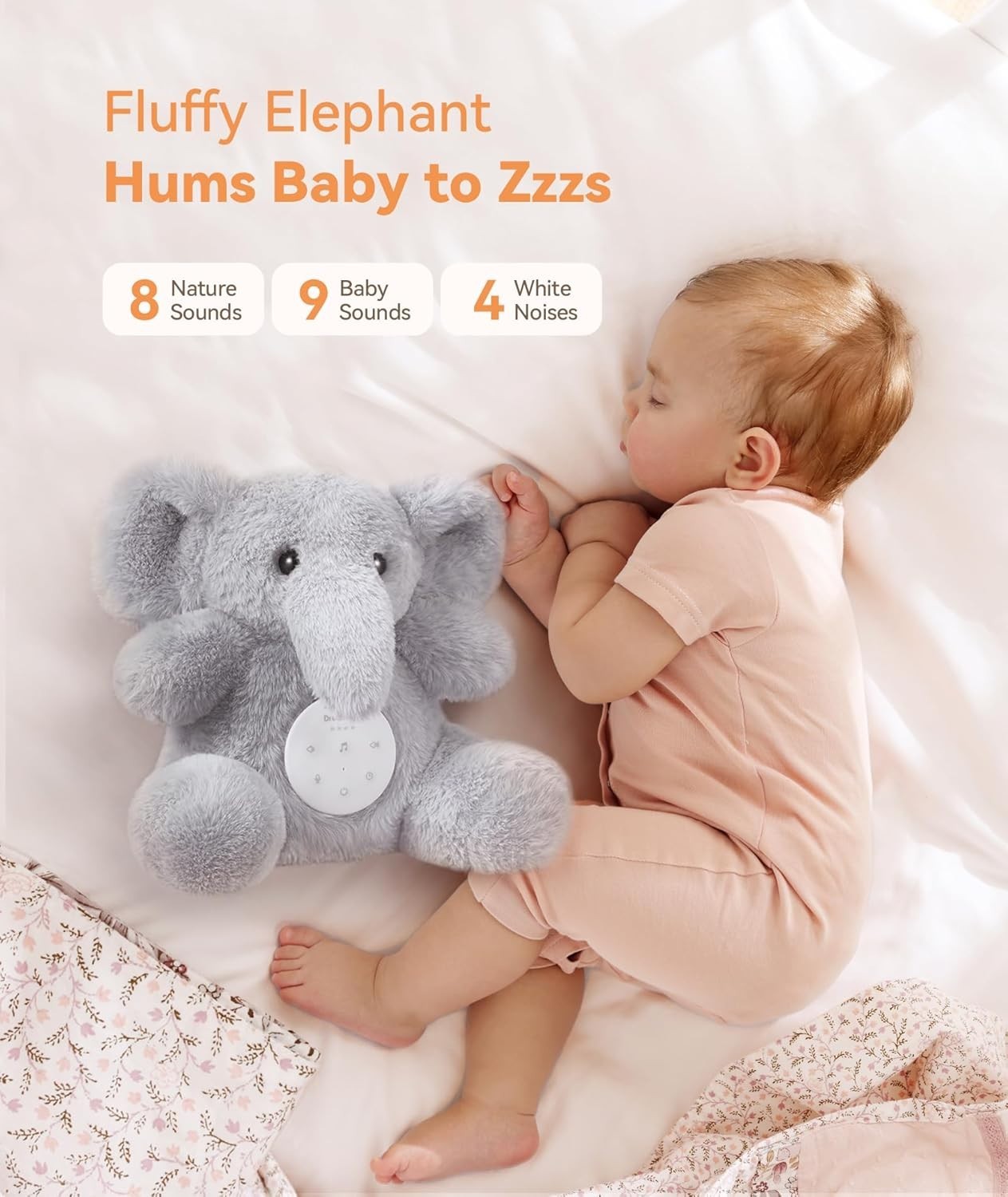 White Noise Machine for Baby – Elephant Plush, 21 Soothing Sounds, USB Rechargea