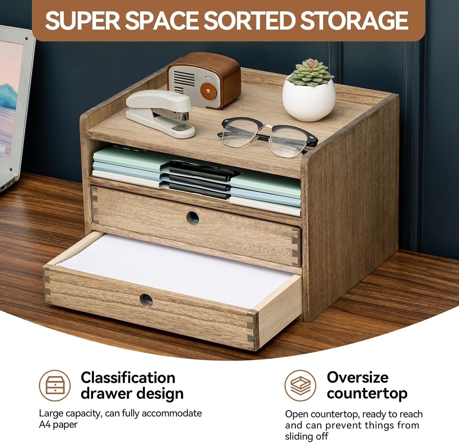 Wood Desktop Organizer with Drawers & Shelves | Home Office Storage Box