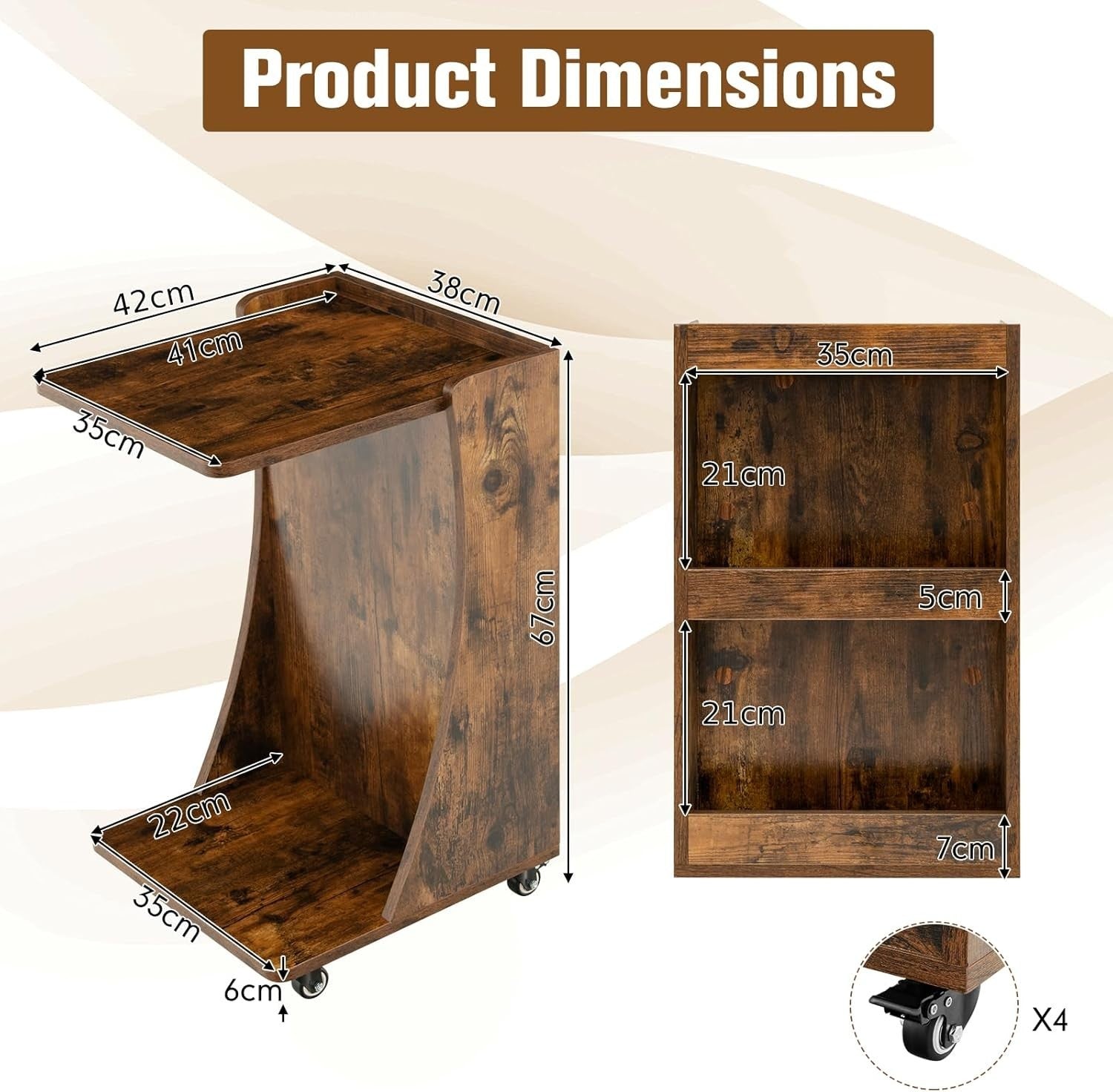 C-Shaped Sofa Side Table with Wheels & Storage – Overbed Snack Coffee Stand