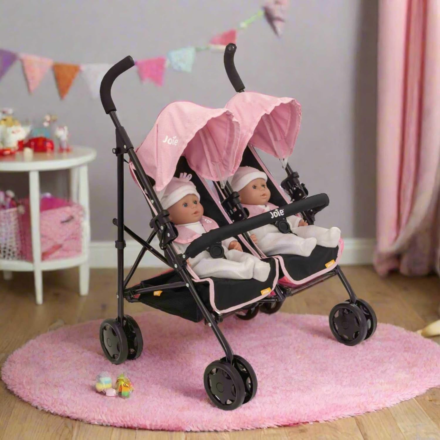 Twin Dolls Pushchair Toy Umbrella Fold, Double Buggy, Storage, Ages 3+
