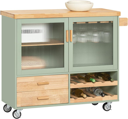 Mobile Kitchen Island on Wheels Glass Door Storage Trolley Wood Worktop