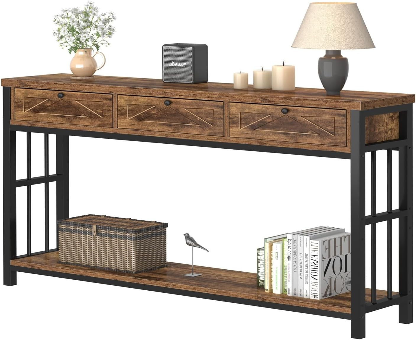 Rustic Entryway Console Table with 3 Drawers & Open Shelf, 140x34x80cm