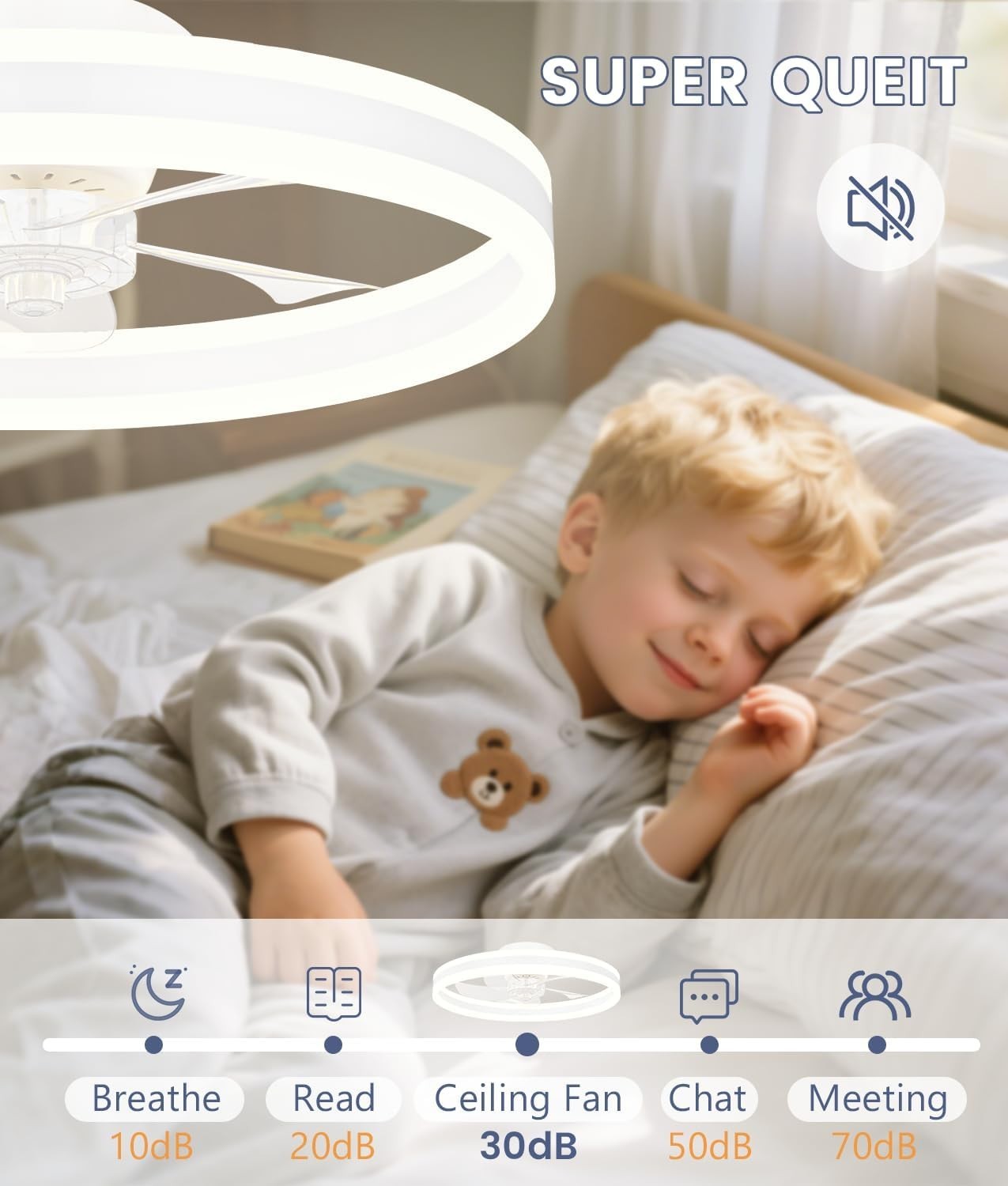 50cm Ceiling Fan Light, 6 Speeds, Dimmable Smart LED, Reversible, White