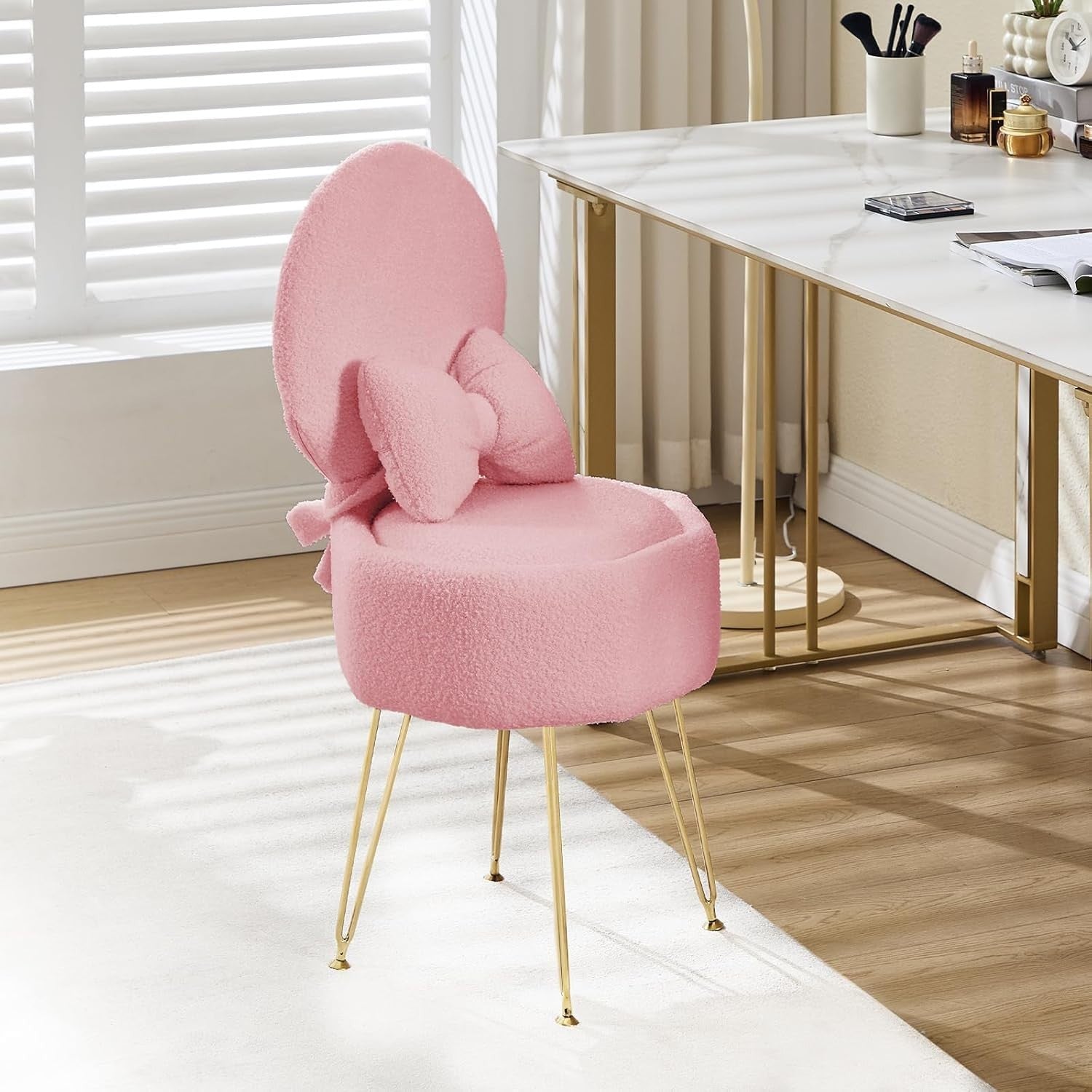 Pink Sherpa Vanity Chair with Storage & Foldable Back – Makeup Stool