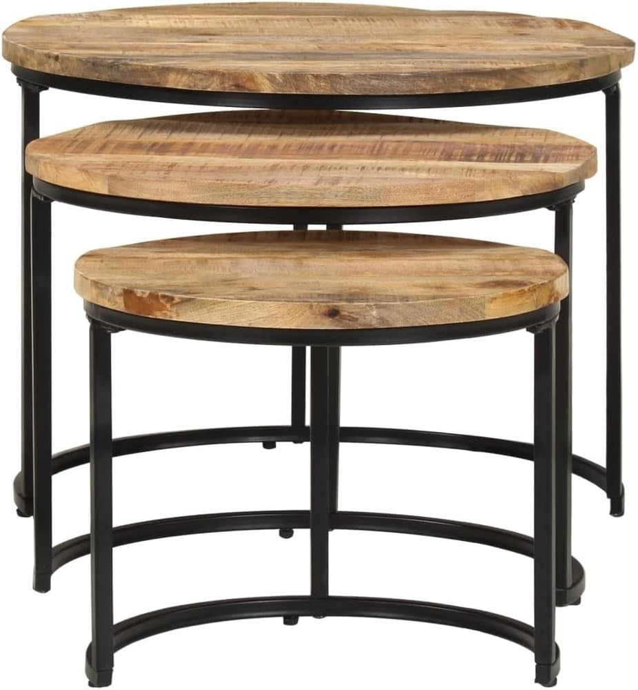 3PCS Wood Nesting Coffee Table Set Round Tray End Side Tables Modern Natural
